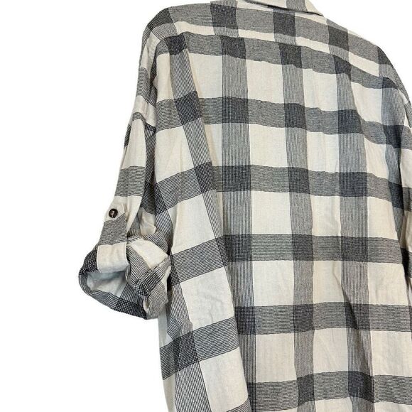 Audrey 3+1 Plaid Roll Tab Long Sleeve Button-Up Shirt Black & White Medium - Picture 2 of 6